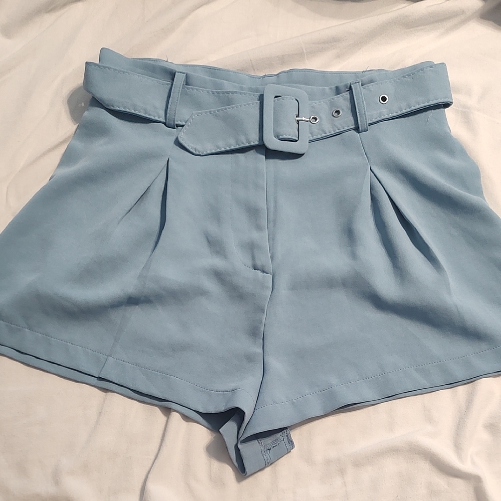 Women's Light Blue Belted Shorts